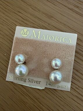 Majorica White Double Pearl Sterling Silver 14kt post Earrings